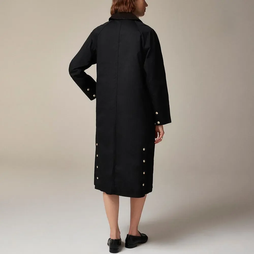 J. Crew Long Barn Jacket in Waxed Cotton Twill Solid Black Size XXS NWT - Picture 2 of 13